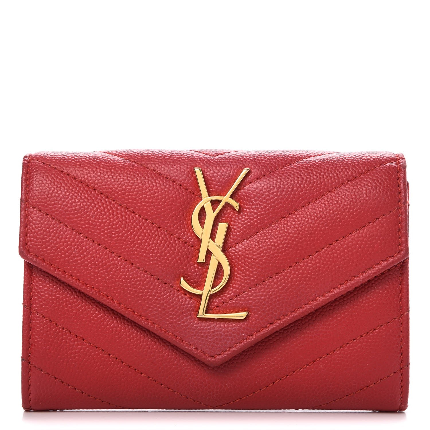 Saint Laurent Grain De Poudre Matelasse Chevron Small Monogram Envelope Wallet New Red 1 of 9