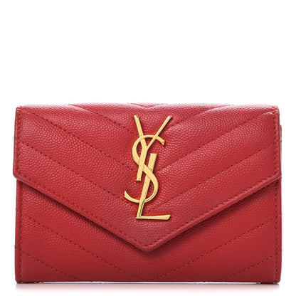 Saint Laurent Grain De Poudre Matelasse Chevron Small Monogram Envelope Wallet New Red 1 of 9
