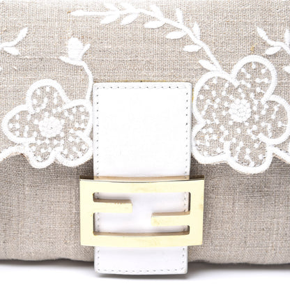 Fendi Linen Embroidered Baguette Beige White 10 of 11