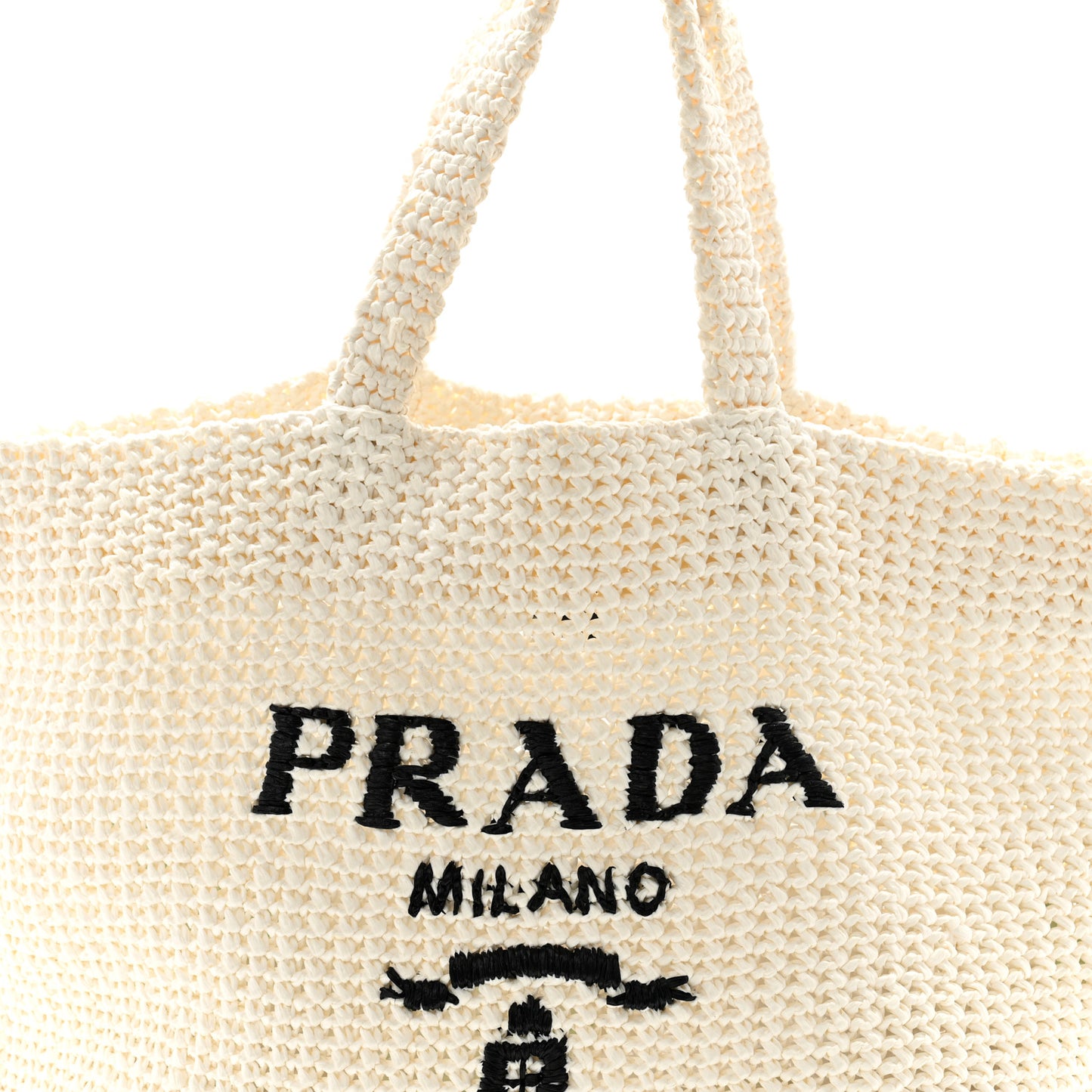 Yarn Raffia Effect Crochet Embroidered Large Logo Tote White