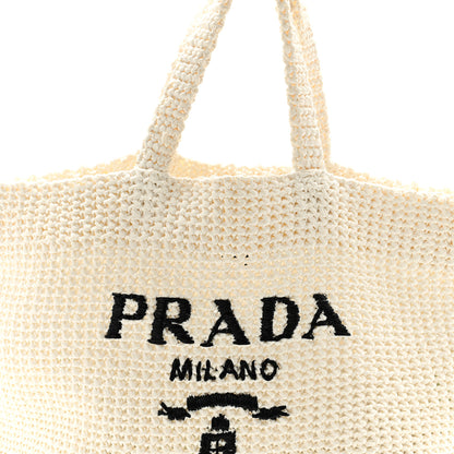 Prada Yarn Raffia Effect Crochet Embroidered Large Logo Tote White 8 of 11