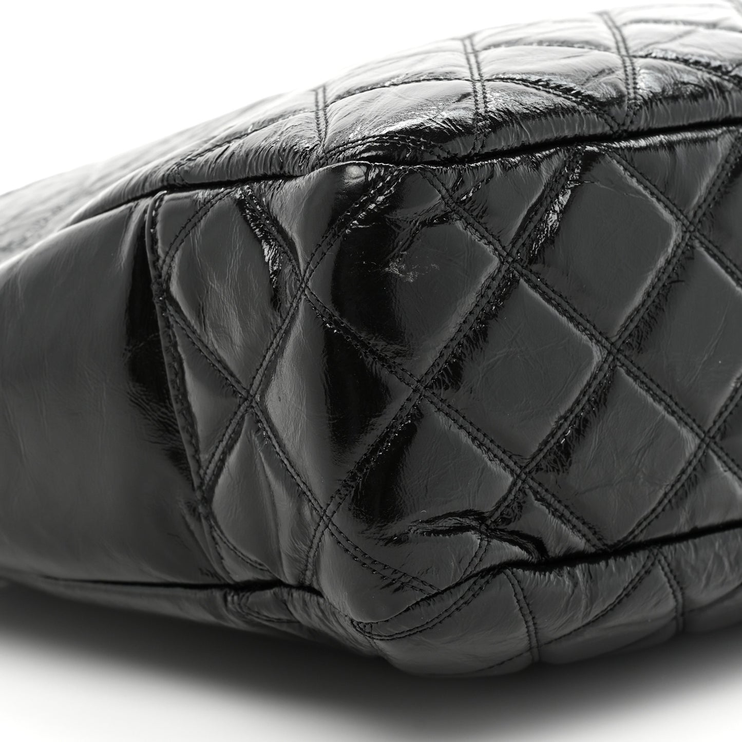Shiny Aged Calfskin Quilted Large Shopping Bag Black