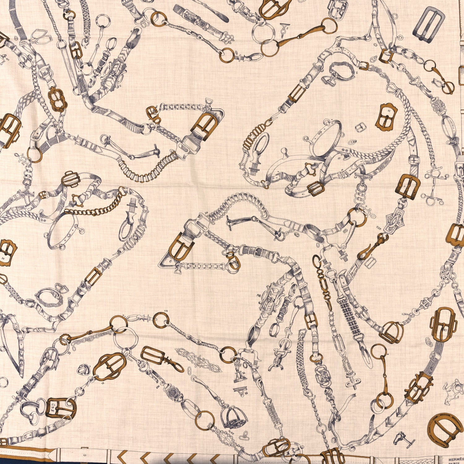 Hermes Cashmere Silk Chevaux Dechaines Shawl 140 Marine Naturel Gris 2 of 3