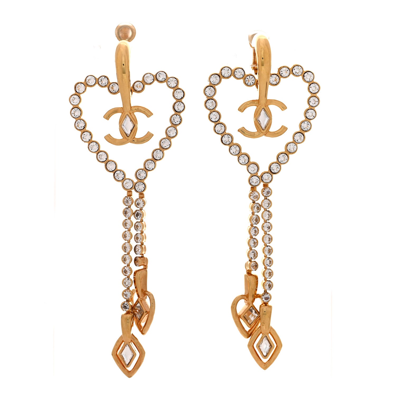 Chanel Metal Crystal CC Heart Chain Drop Clip On Earrings Gold 1 of 4