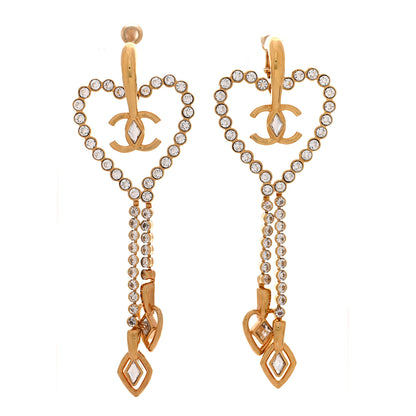 Chanel Metal Crystal CC Heart Chain Drop Clip On Earrings Gold 1 of 4