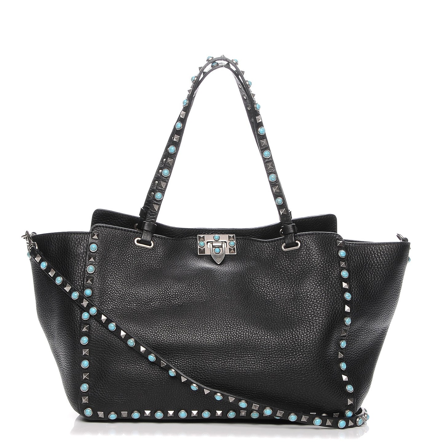 Grained Calfskin Turquoise Medium Rockstud Rolling Tote Black