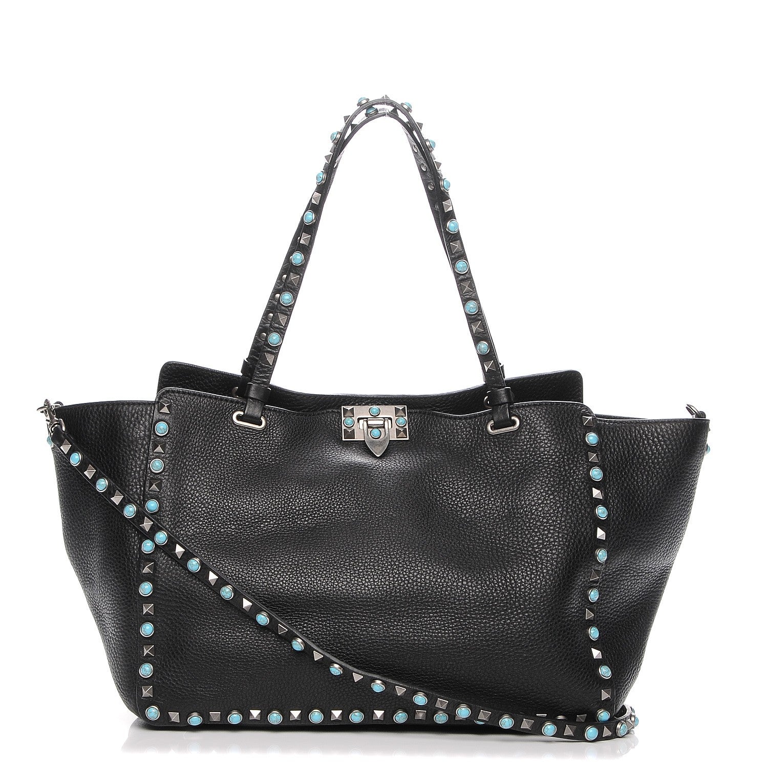 Valentino Garavani Grained Calfskin Turquoise Medium Rockstud Rolling Tote Black 1 of 7