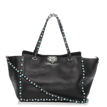 Valentino Garavani Grained Calfskin Turquoise Medium Rockstud Rolling Tote Black 1 of 7