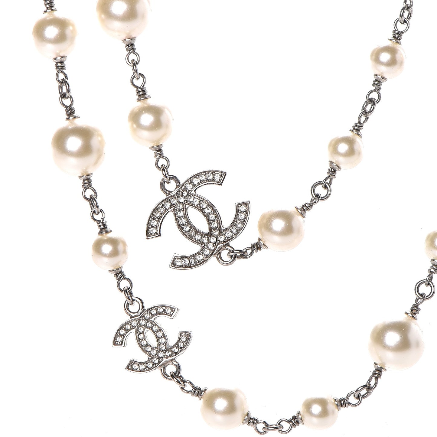 Crystal Pearl CC Long Necklace Silver