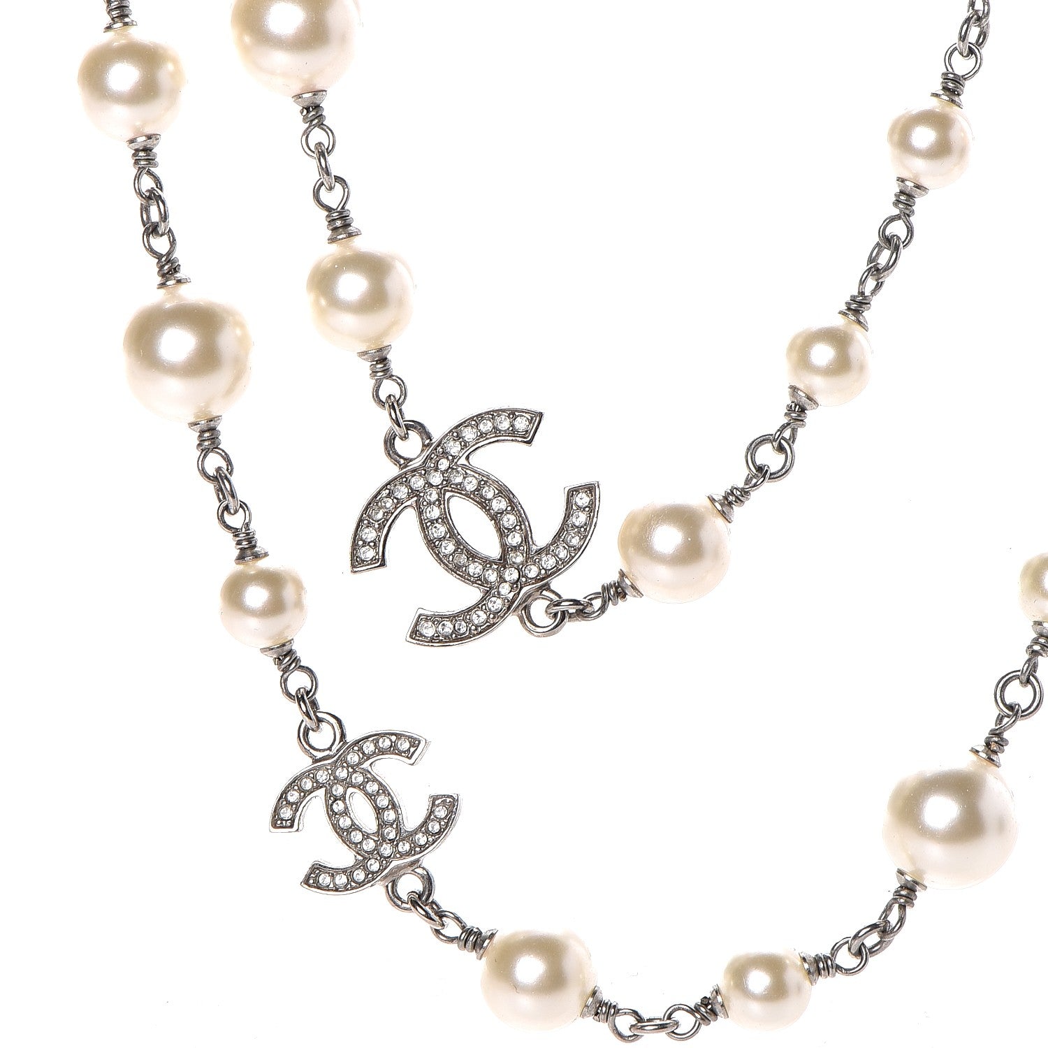 Chanel Crystal Pearl CC Long Necklace Silver 4 of 5