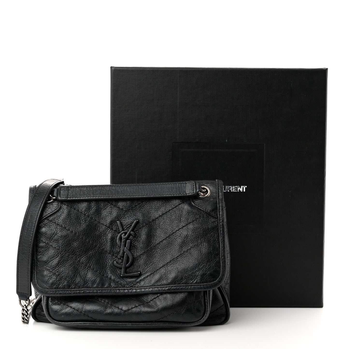 Crinkled Calfskin Matelasse Monogram Baby Niki Chain Satchel Black