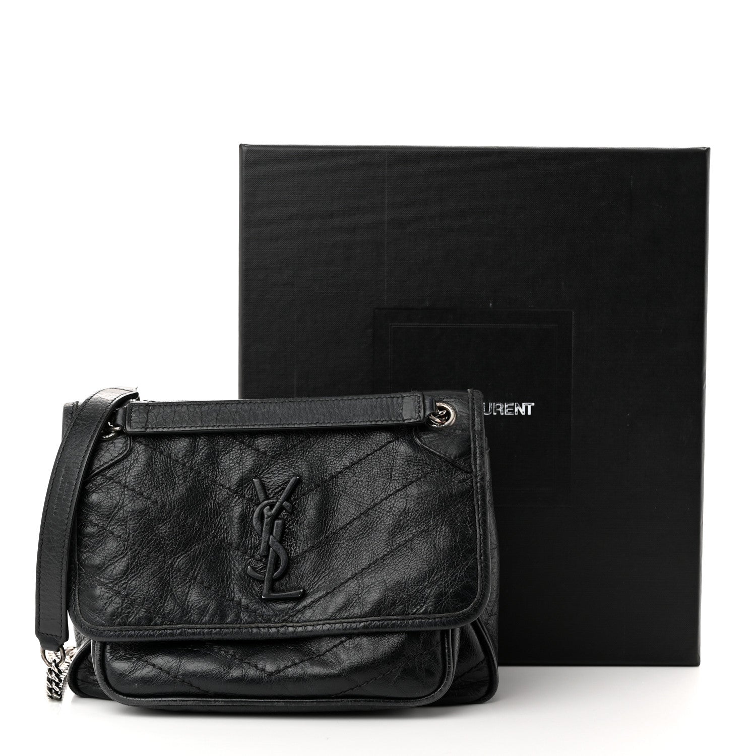 Saint Laurent Crinkled Calfskin Matelasse Monogram Baby Niki Chain Satchel Black 11 of 11
