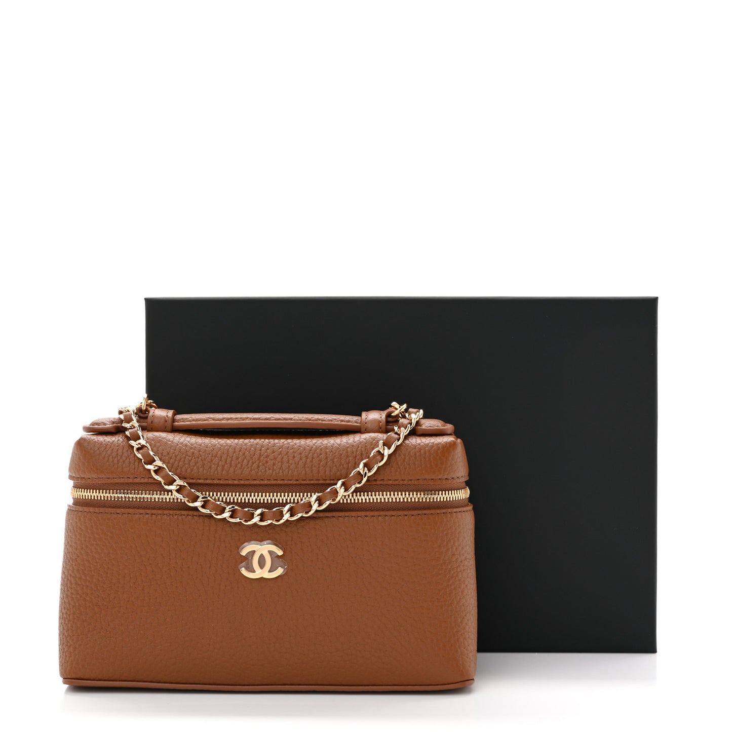 Grained Calfskin Top Handle Slim Vanity Case With Chain Camel