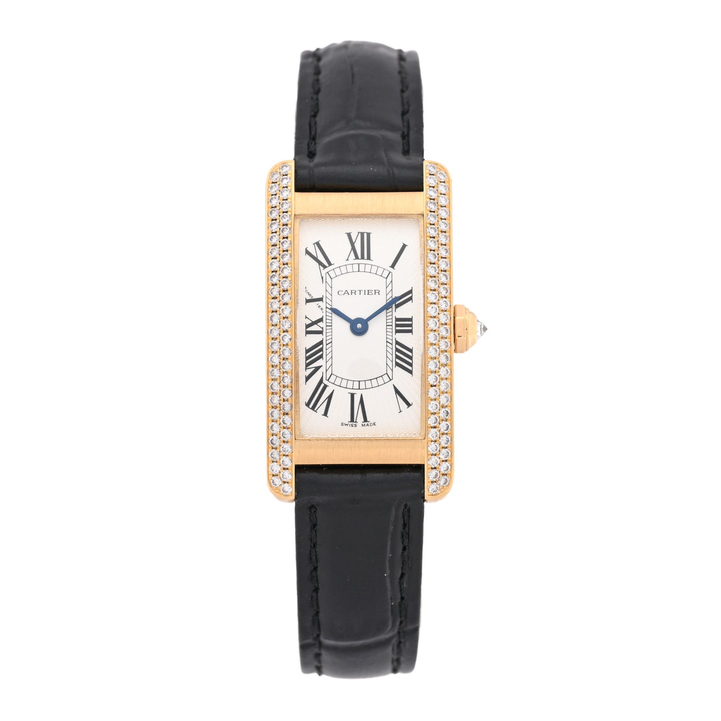 18K Pink Gold Alligator Diamond Bezel 19mm Tank Americaine Quartz Watch