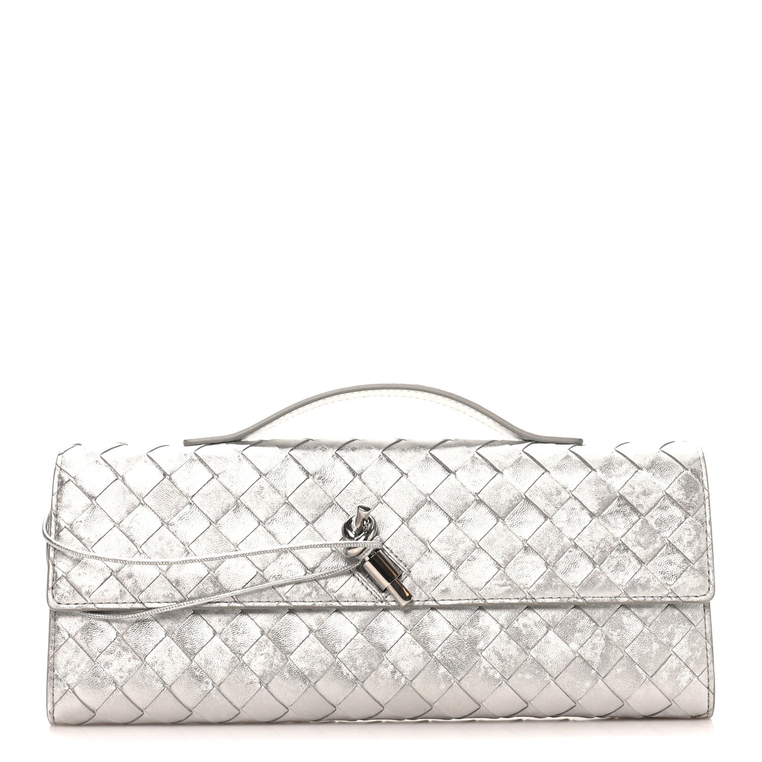 Bottega Veneta Metallic Lambskin Intrecciato Long Andiamo Top Handle Clutch Silver 1 of 7