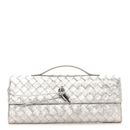 Bottega Veneta Metallic Lambskin Intrecciato Long Andiamo Top Handle Clutch Silver 1 of 7