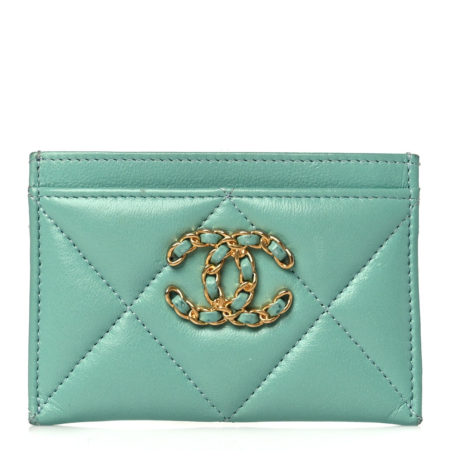 Lambskin Quilted Chanel 19 Card Holder Green