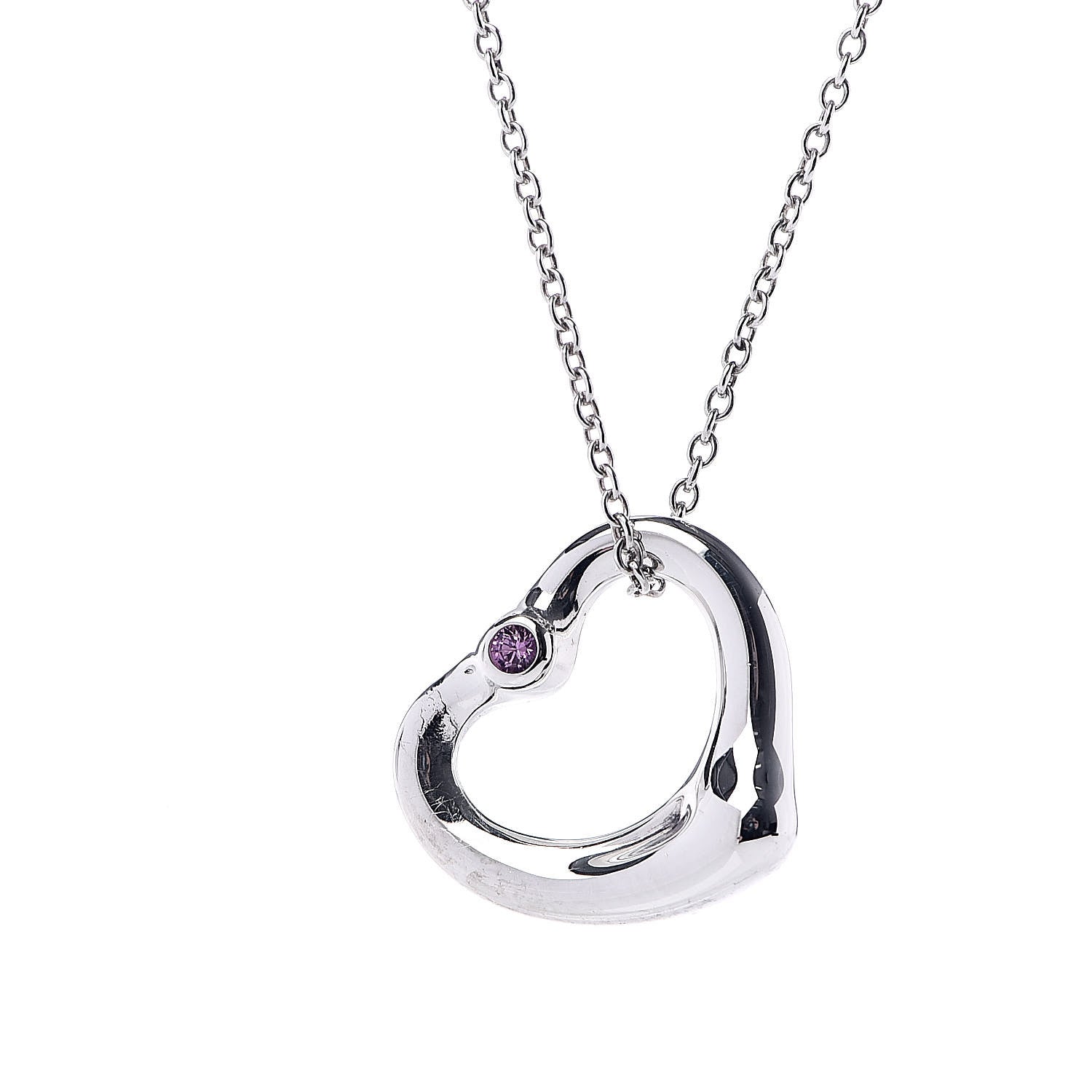 Tiffany Sterling Silver Pink Sapphire Elsa Peretti 16mm Open Heart Pendant Necklace 4 of 8