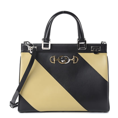 Gucci Smooth Calfskin Diagonal Striped Medium Zumi Top Handle Bag Black Beige 1 of 8