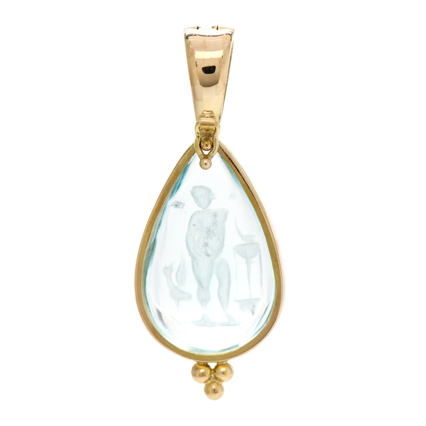18K Yellow Gold Venetian Glass Intaglio Teardrop Pendant Aqua