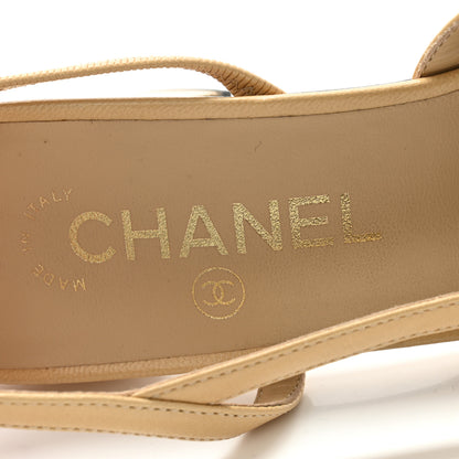 Chanel Goatskin Grosgrain Cap Toe CC Slingback Pumps 38 Beige Black 6 of 9