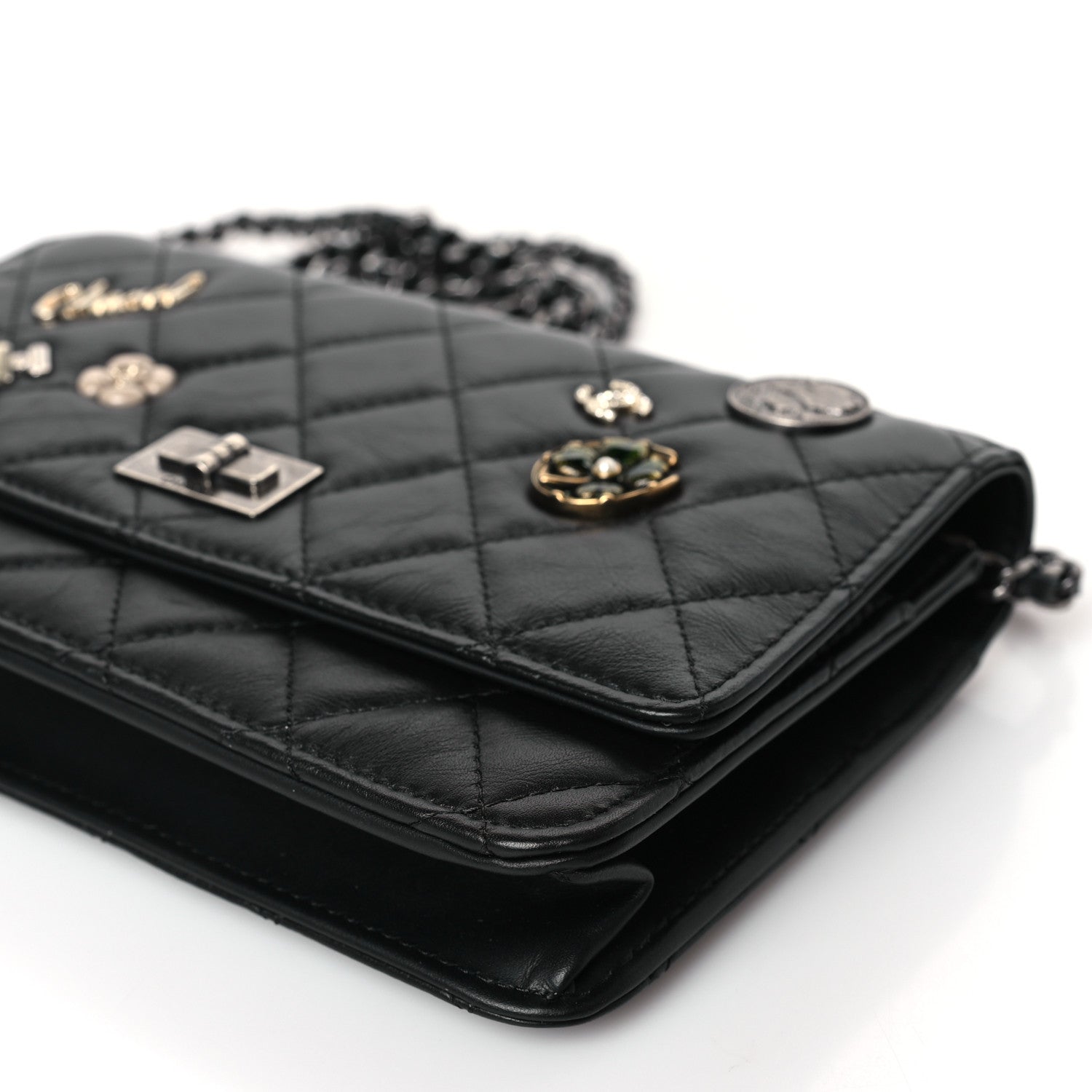Chanel Aged Calfskin Quilted Lucky Charms 2.55 Reissue Wallet On Chain WOC Black 10 of 11