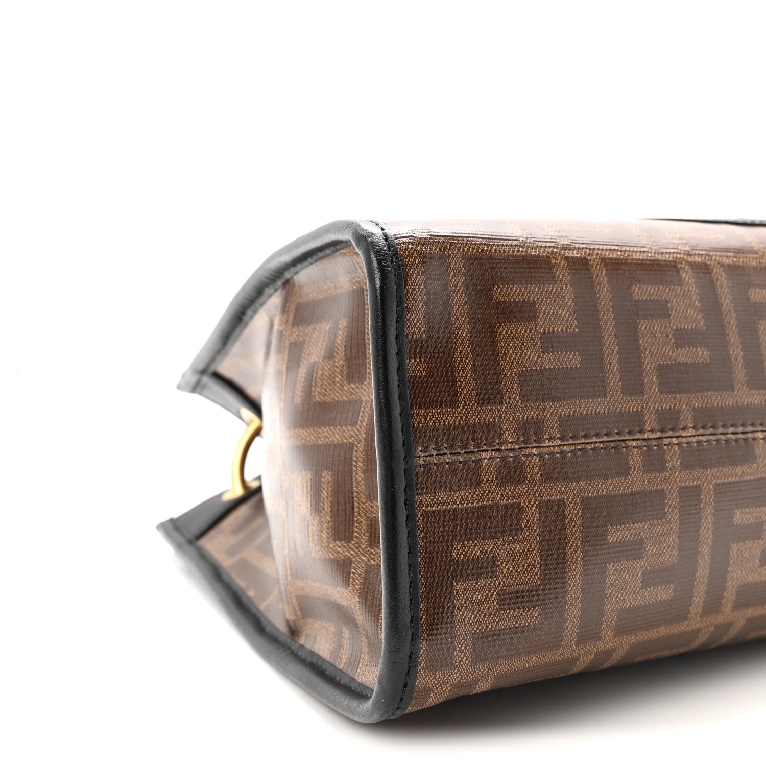 Fendi Glazed Fabric Vitello Century Plexiglass FF 1974 Stamp Patch Small Runaway Shopper Tote Mogano Panna Black 9 of 10