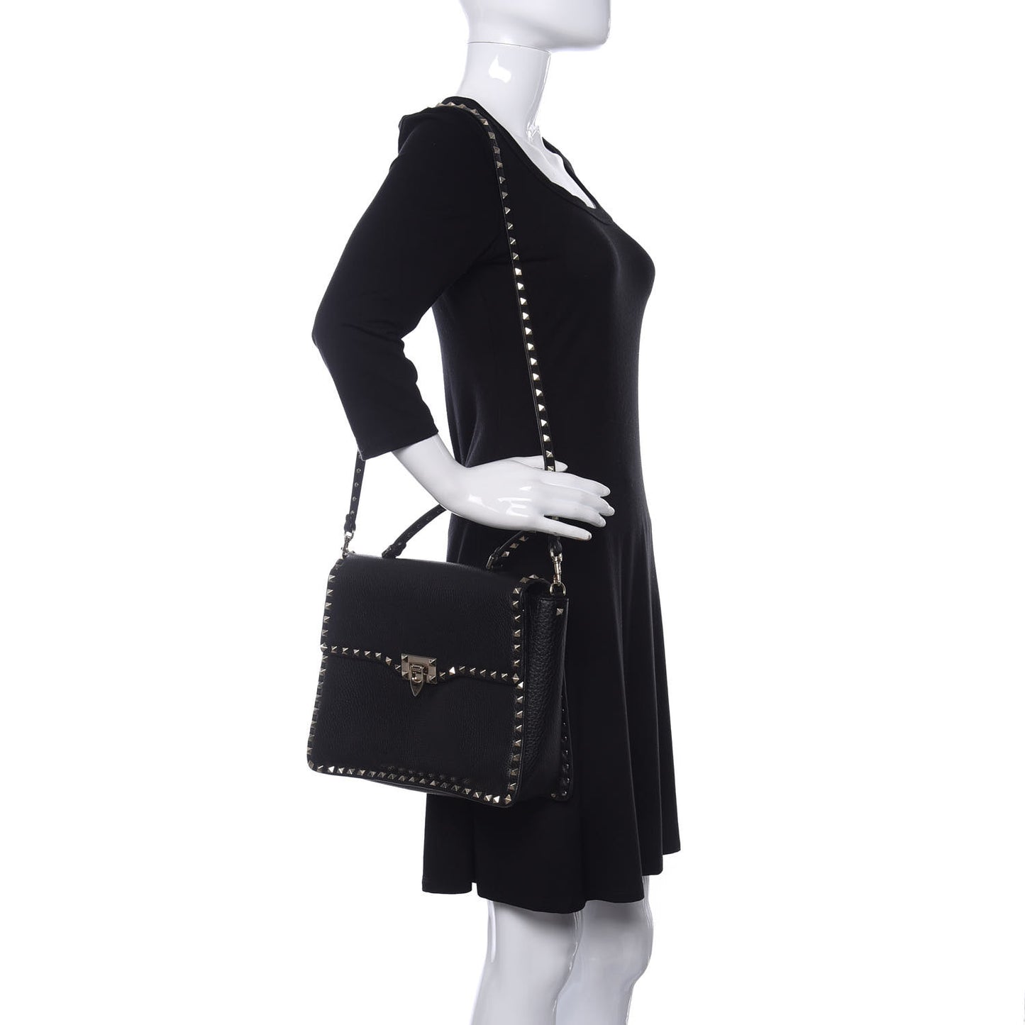 Grained Calfskin Rockstud Top Handle Flap Shoulder Bag Black