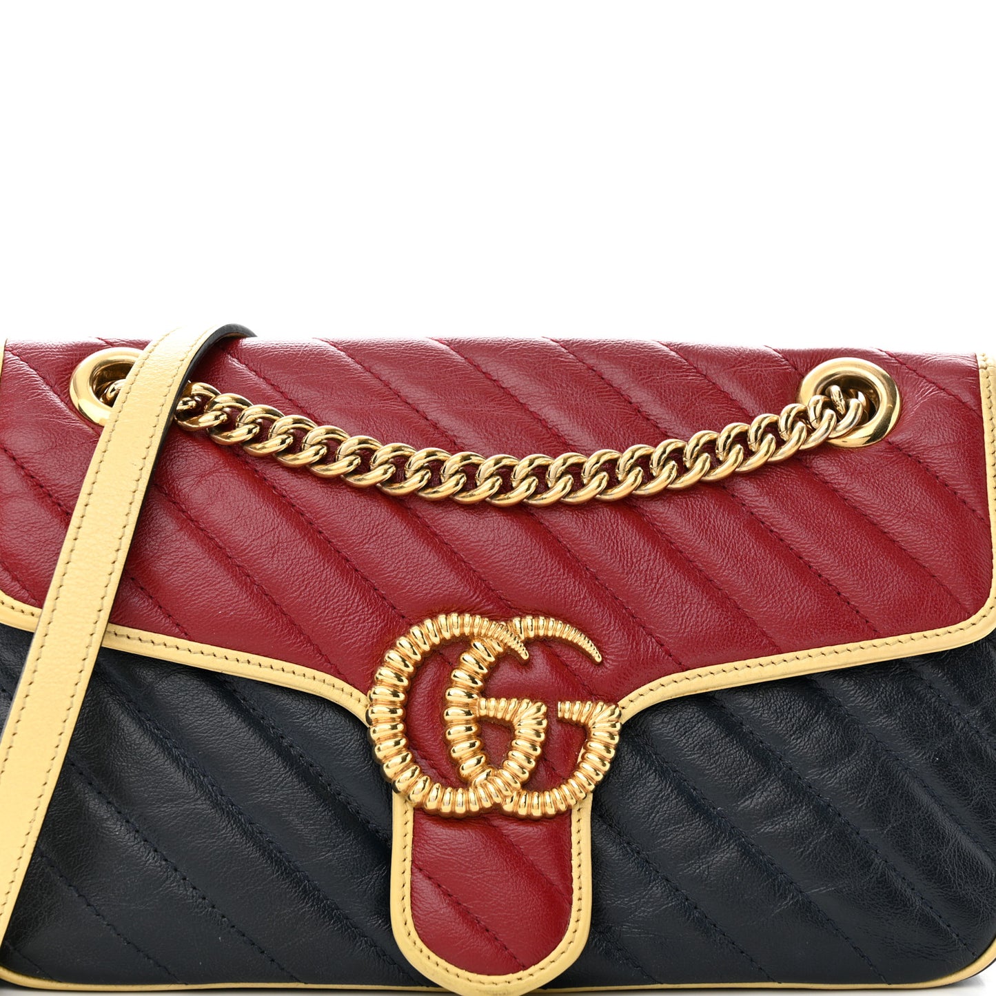 Azalea Calfskin Matelasse Diagonal Small Torchon GG Marmont Shoulder Bag Blue Agata New Cherry Red Butter