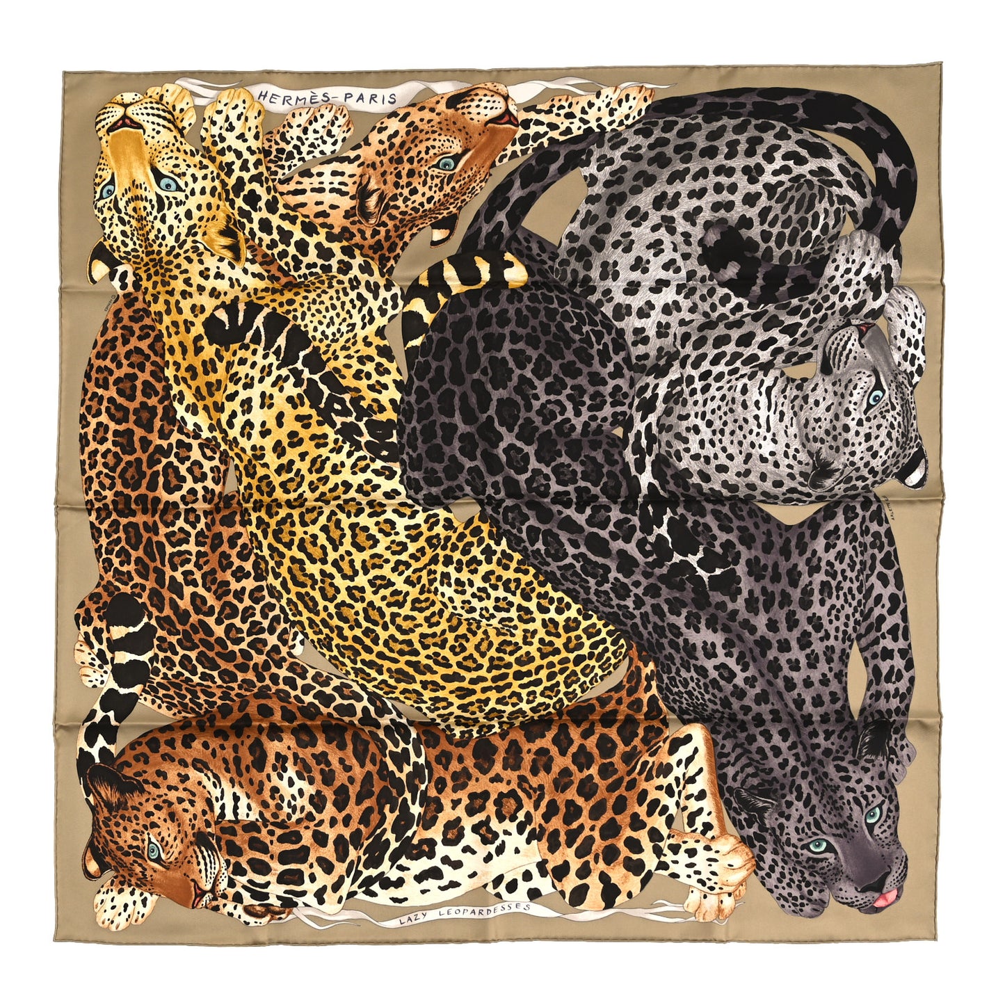 Silk Twill Lazy Leopardesses Scarf 90 Camel Anthracite