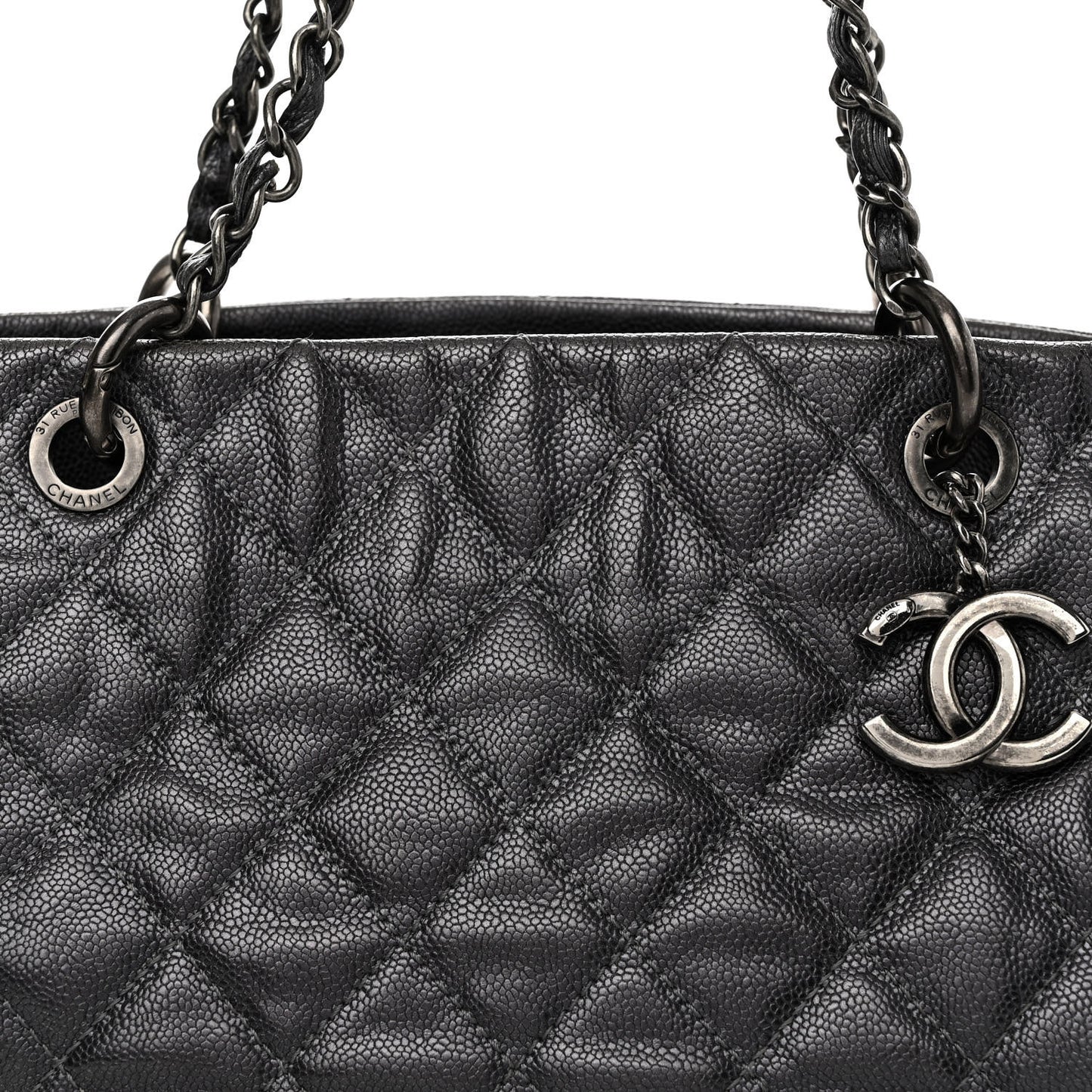 Iridescent Caviar Quilted Chic Shopping Tote Silver