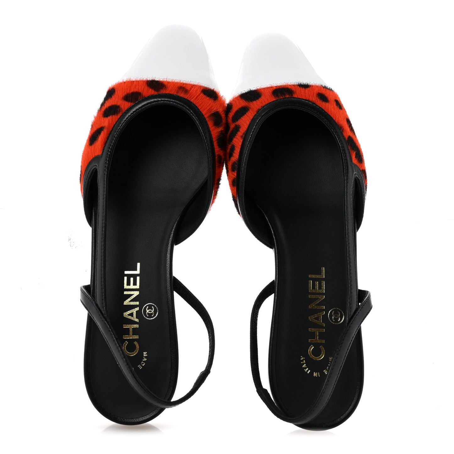 Lamb Hair Patent Calfskin Cap Toe CC Slingback Sandals 38 Orange Black White