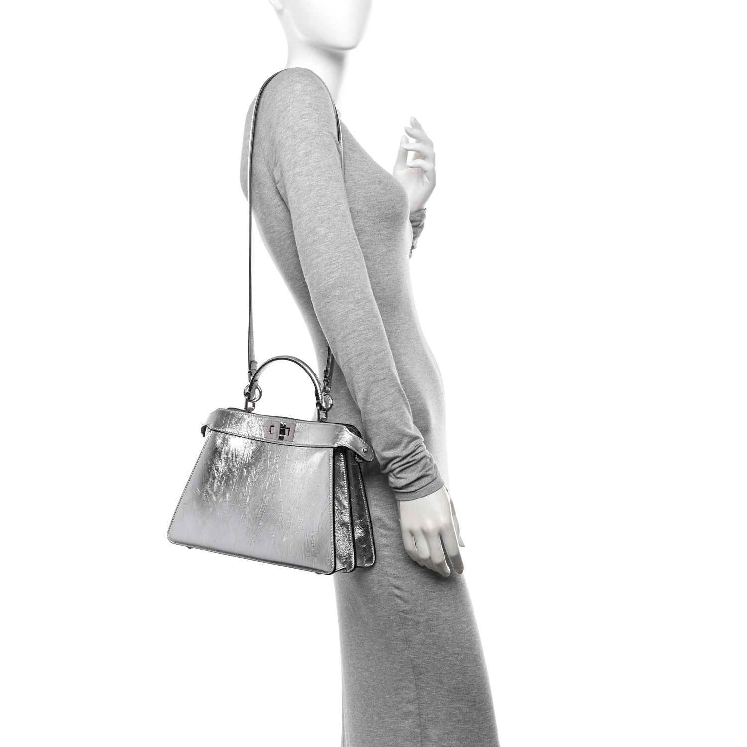 Fendi Rock Millenium Laminata Small Peekaboo I SEE U Satchel Argento 2 of 11