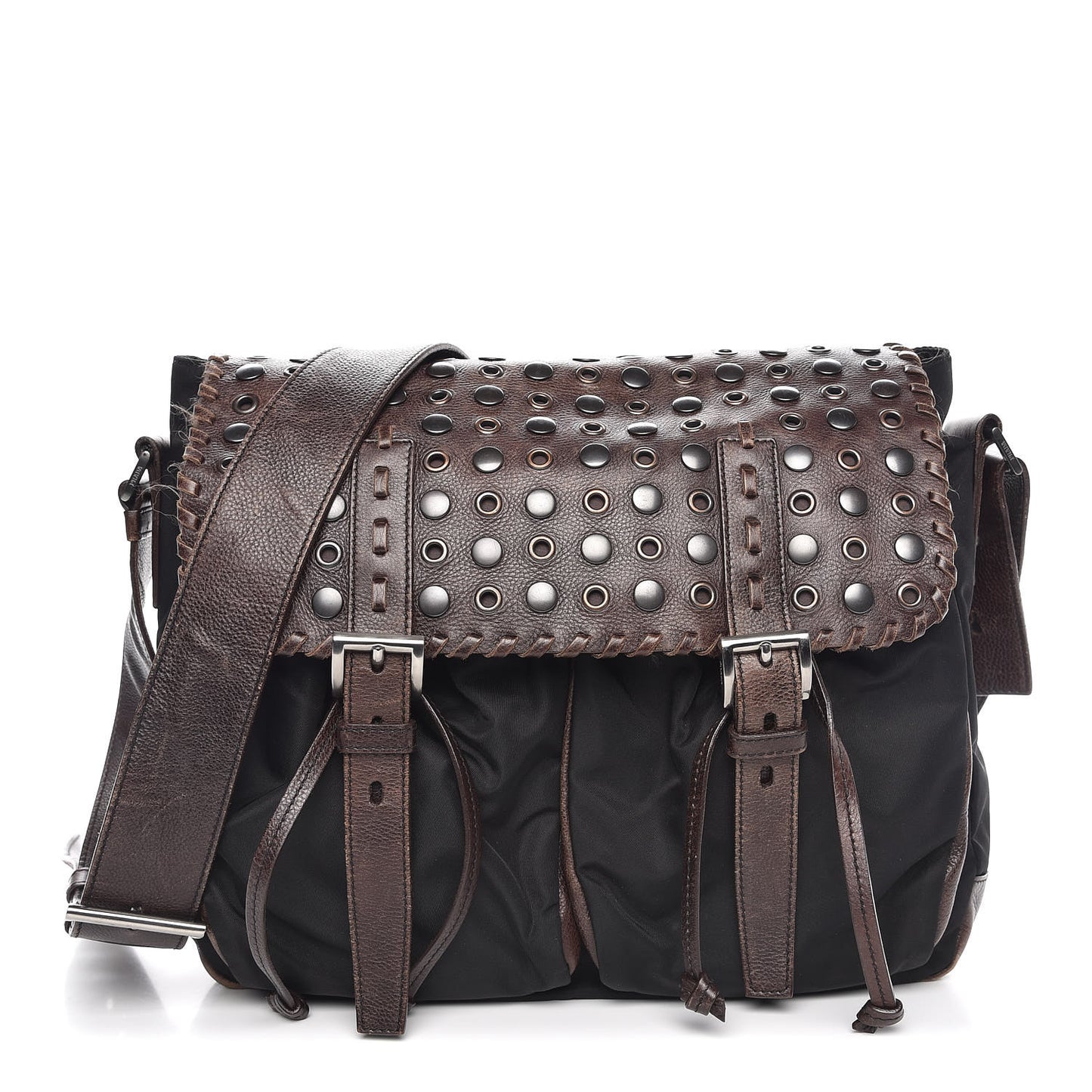 Tessuto Nylon Calfskin Studded Shoulder Bag Bruciato