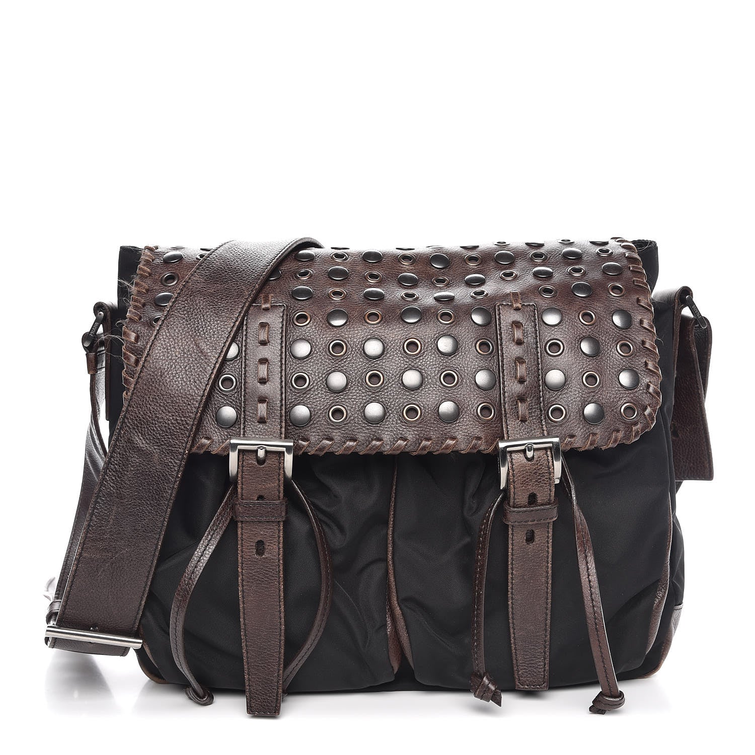 Prada Tessuto Nylon Calfskin Studded Shoulder Bag Bruciato 1 of 12