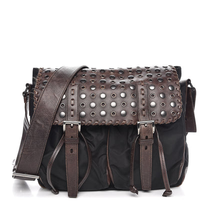 Prada Tessuto Nylon Calfskin Studded Shoulder Bag Bruciato 1 of 12