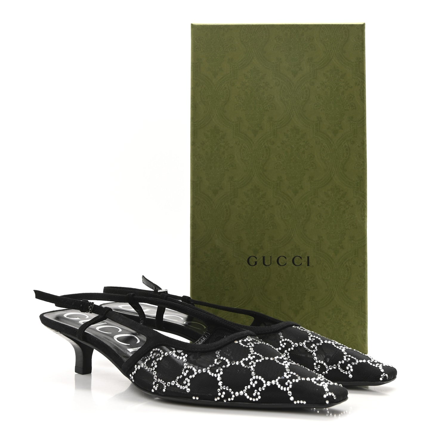 Tela Retino Kid Scamosciato Crystal GG Monogram Square G 35mm Slingback Pumps 40 Black