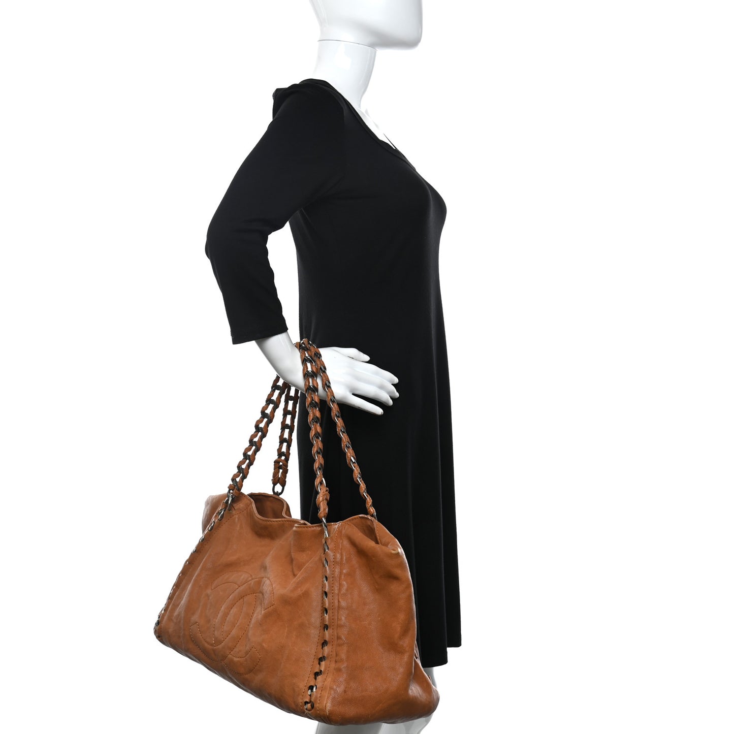 Calfskin Large East West Modern Chain Tote Dark Beige