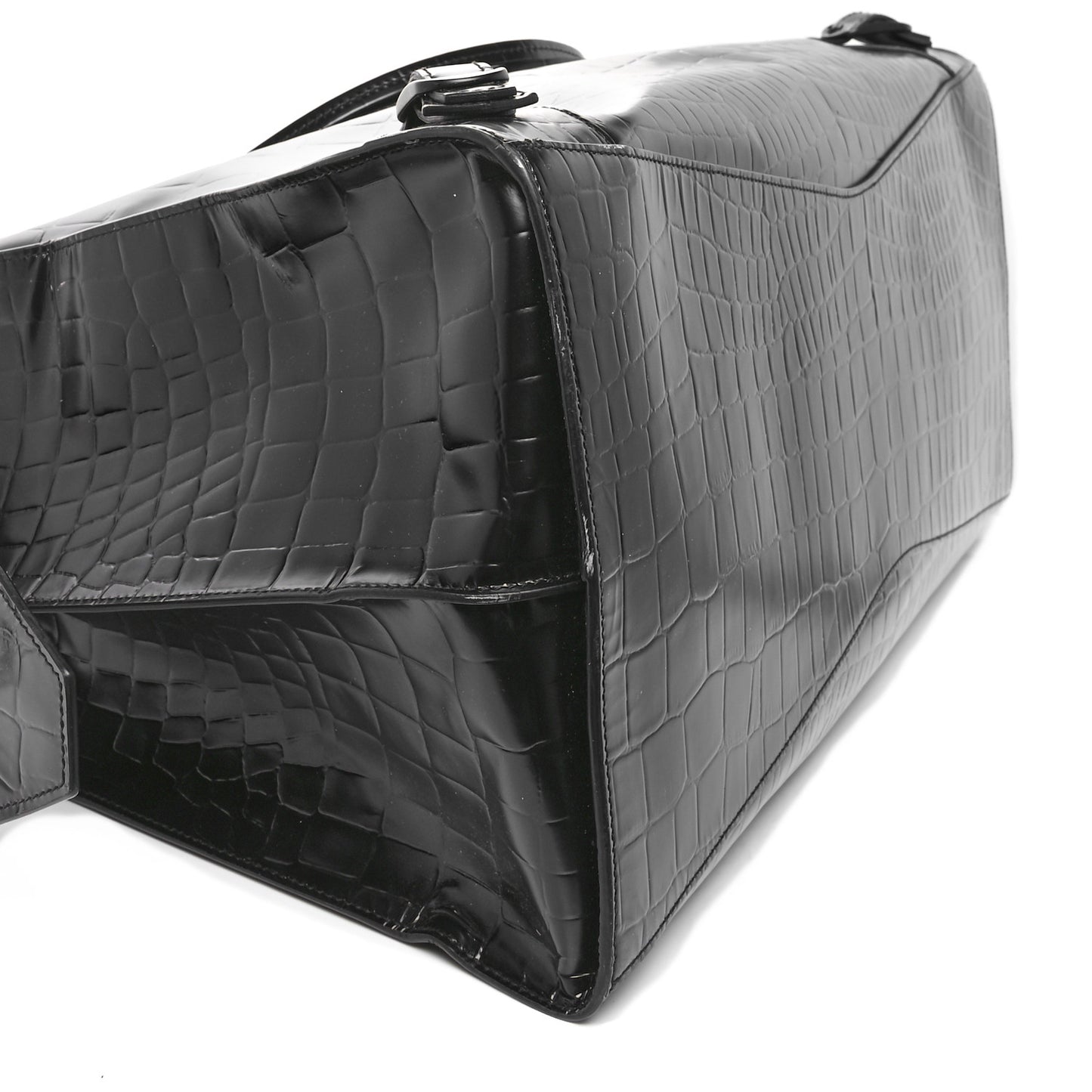 Semi Matte Calfskin Crocodile Embossed Neo Classic Black Hardware Large Top Handle Bag Black