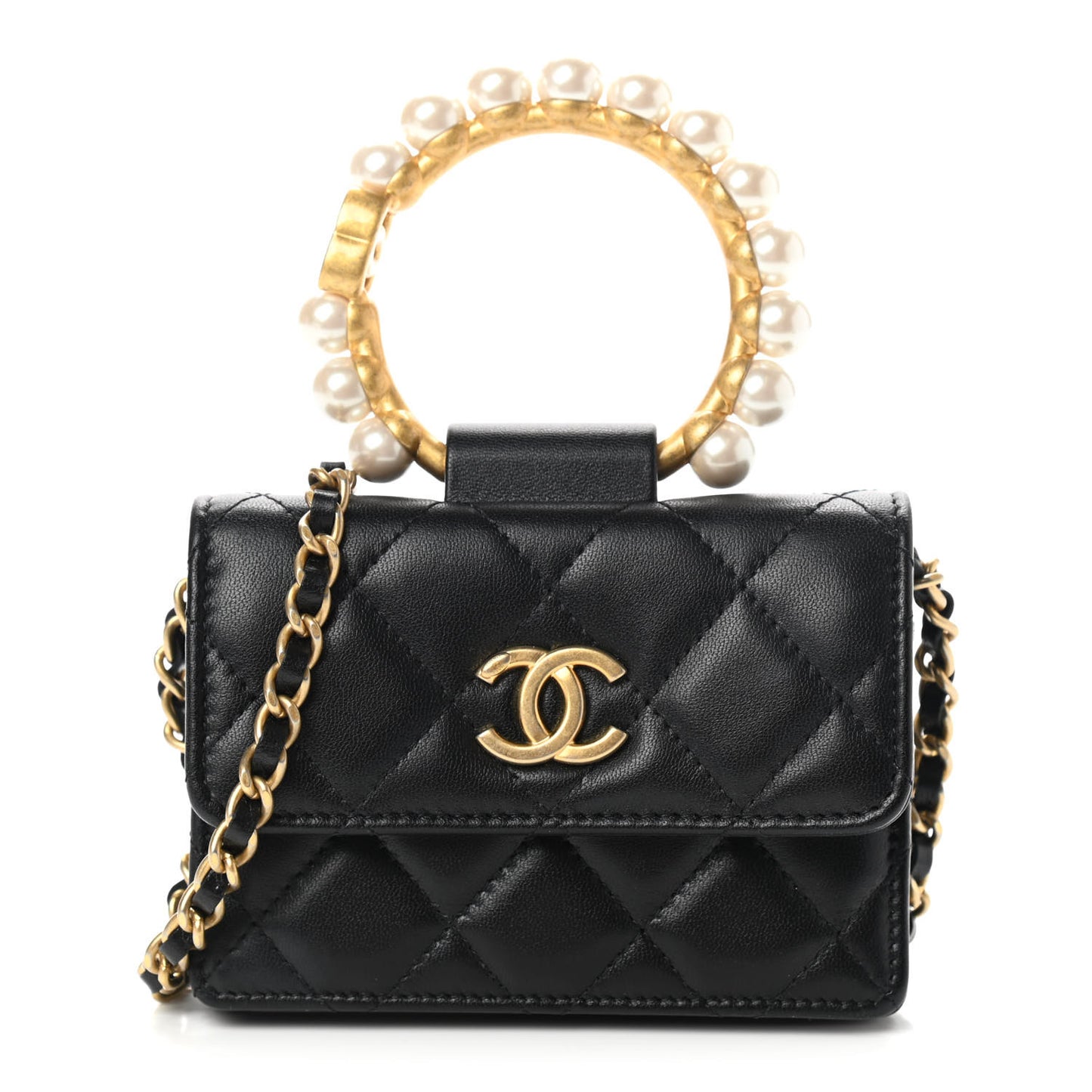 Lambskin Quilted Pearl Crown Clutch With Chain Black