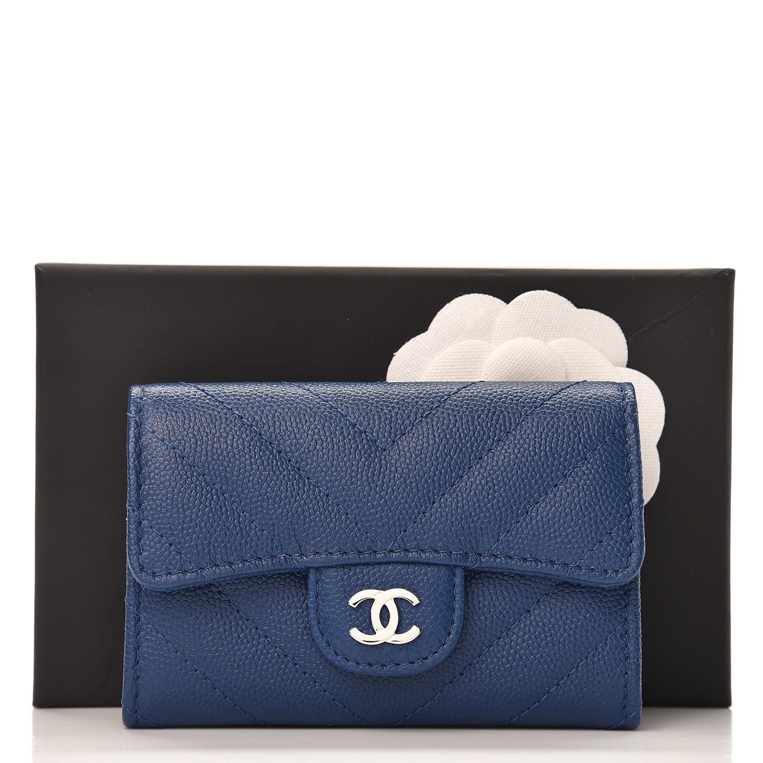 Chanel Caviar Chevron Quilted Card Holder Wallet Dark Blue 9 of 9