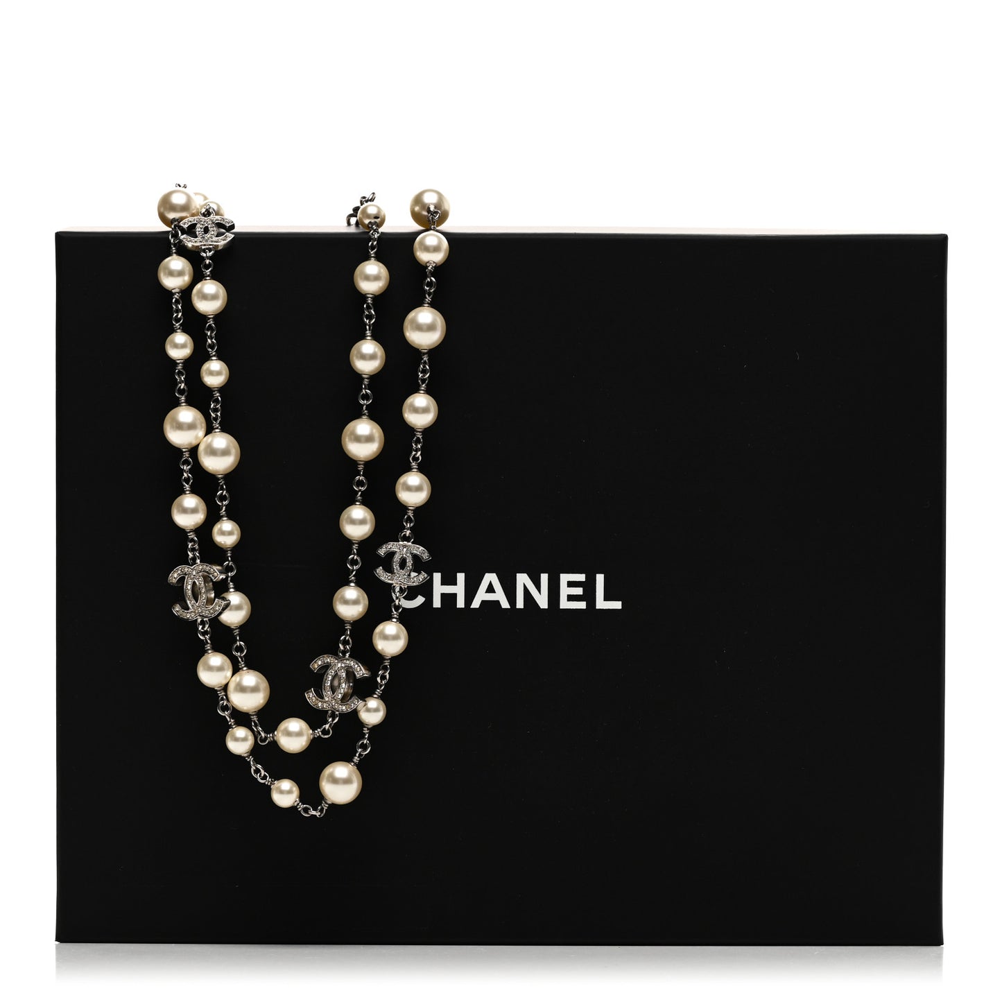 Crystal Pearl CC Long Necklace Silver