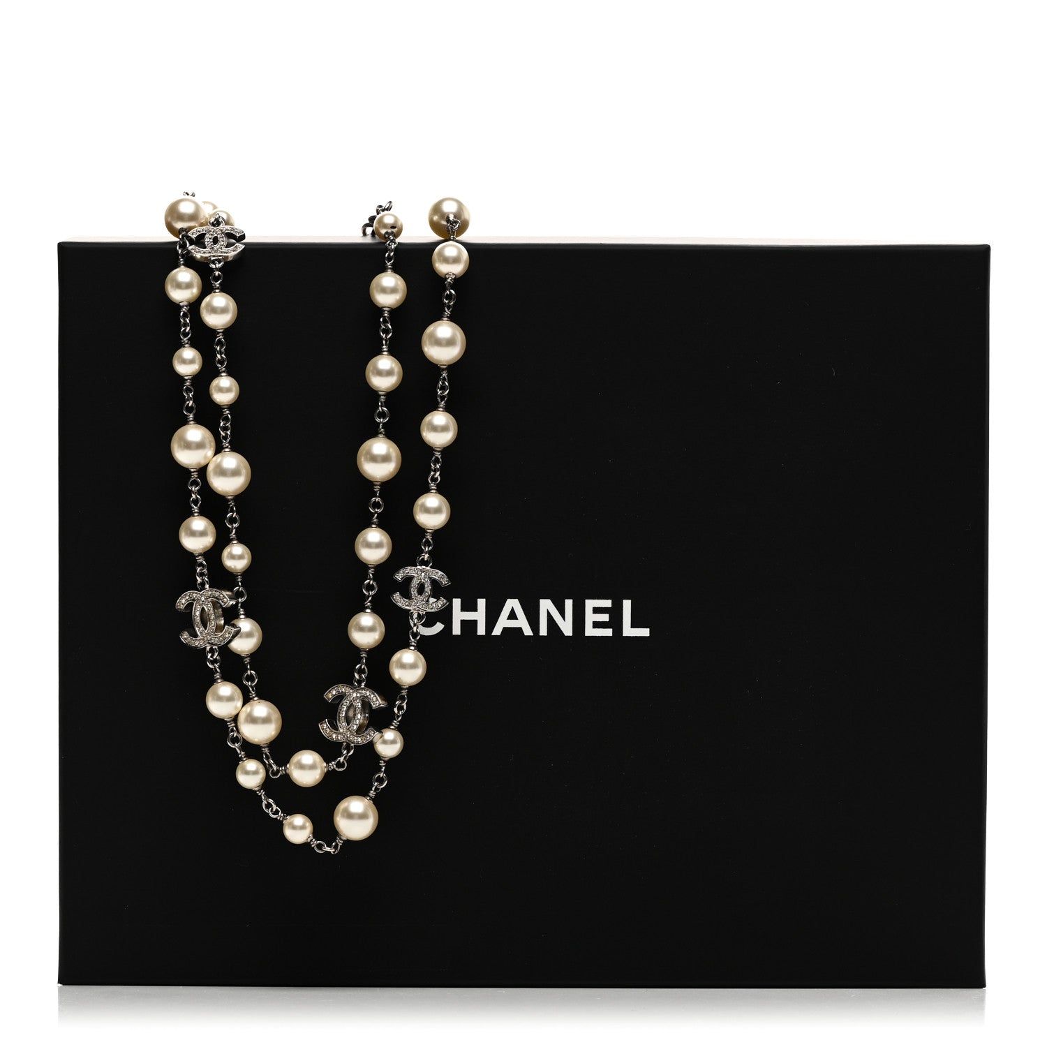 Chanel Crystal Pearl CC Long Necklace Silver 6 of 6