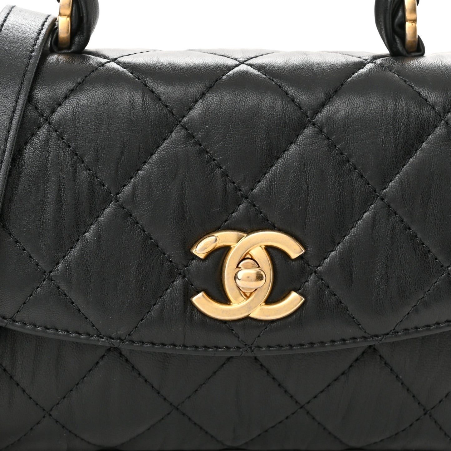 Crumpled Lambskin Quilted Mini CC Links Top Handle Flap Black