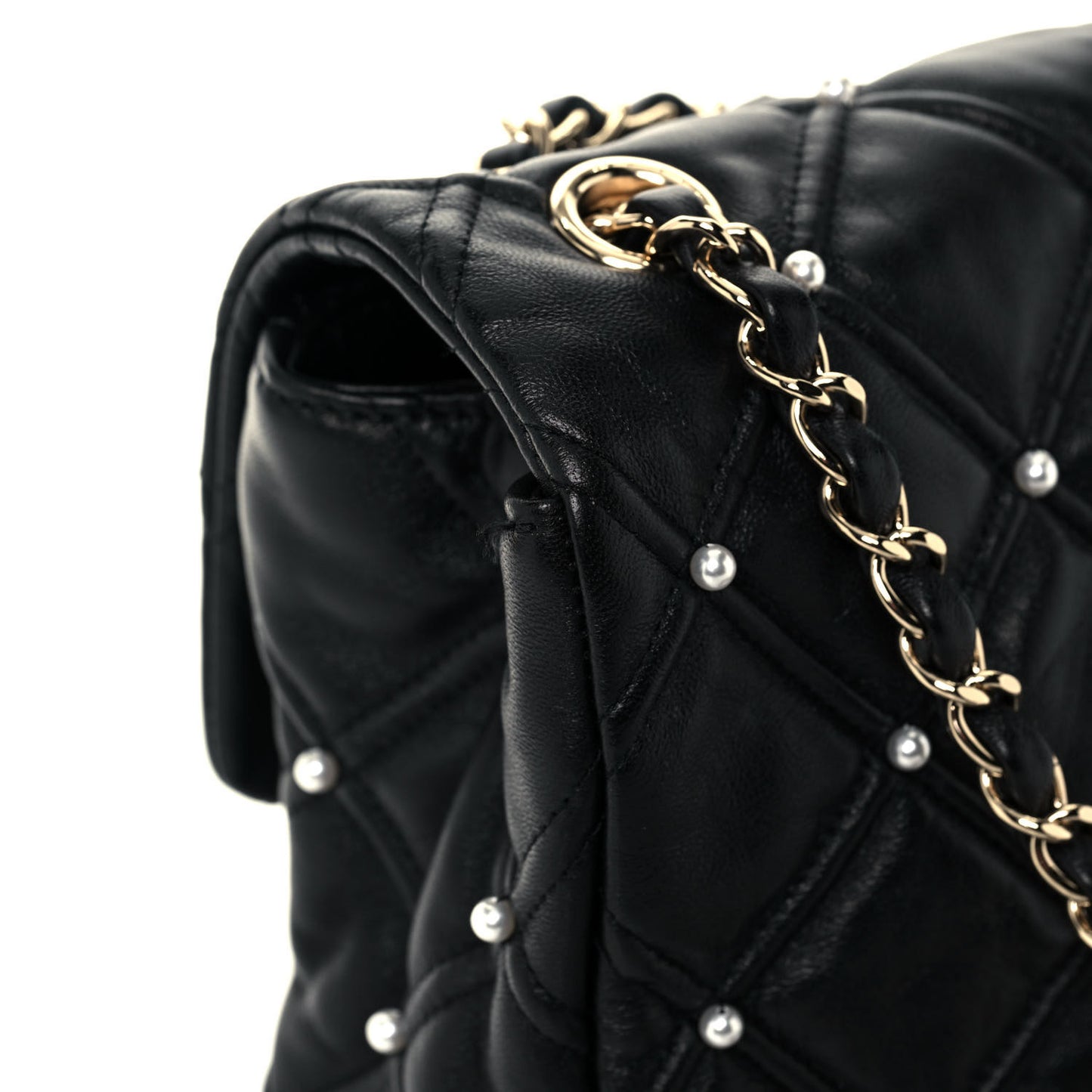 Lambskin Quilted Pearl Studded Flap Black