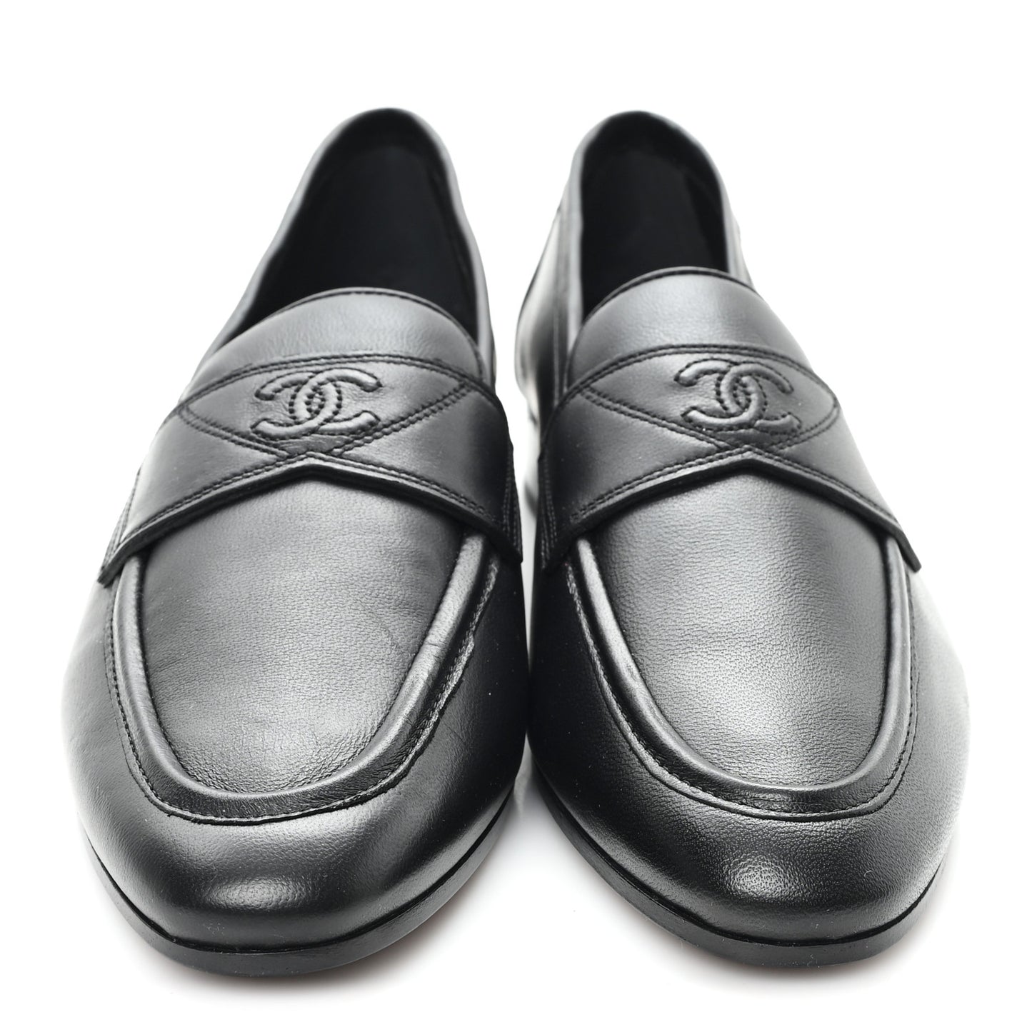 Calfskin Womens Stitched CC Loafers 38 Black