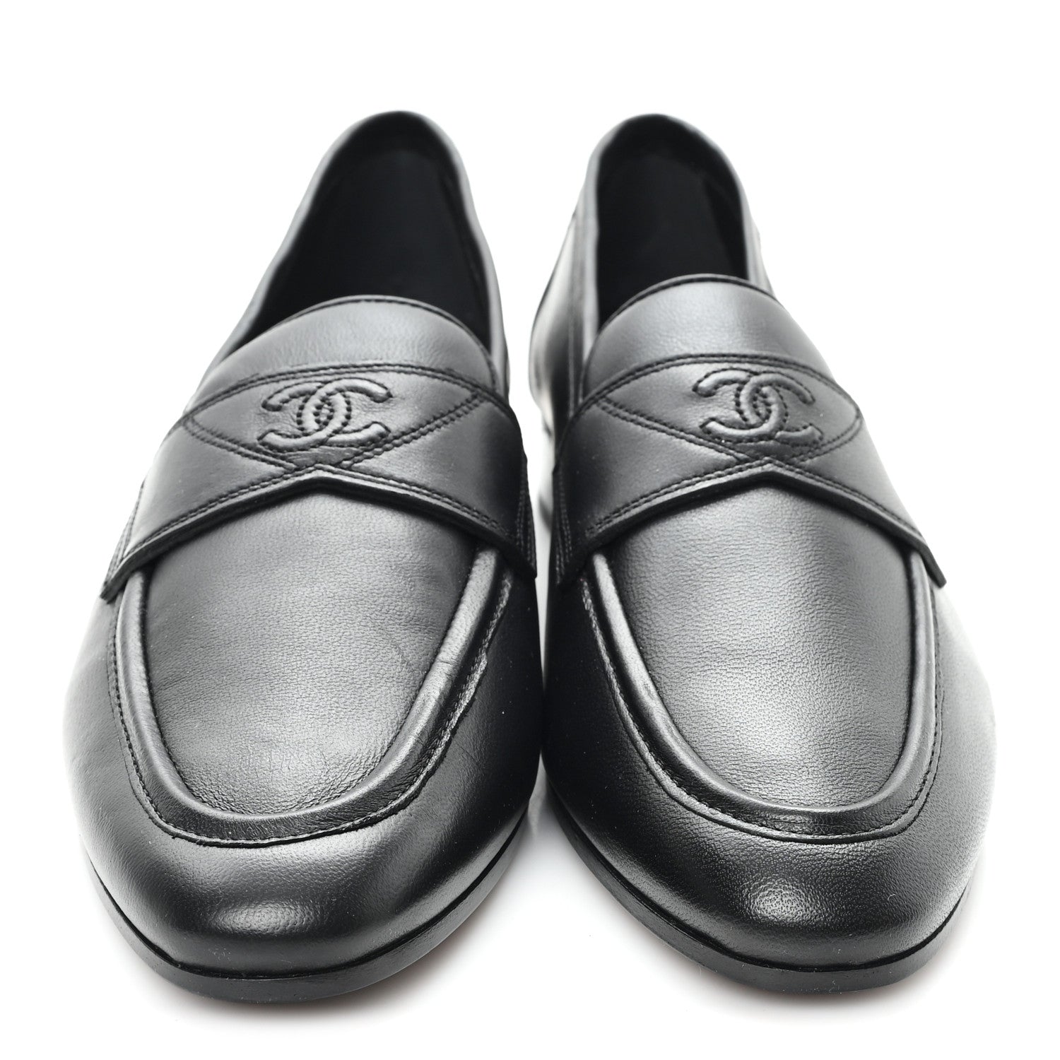 Chanel Calfskin Womens Stitched CC Loafers 38 Black 3 of 9