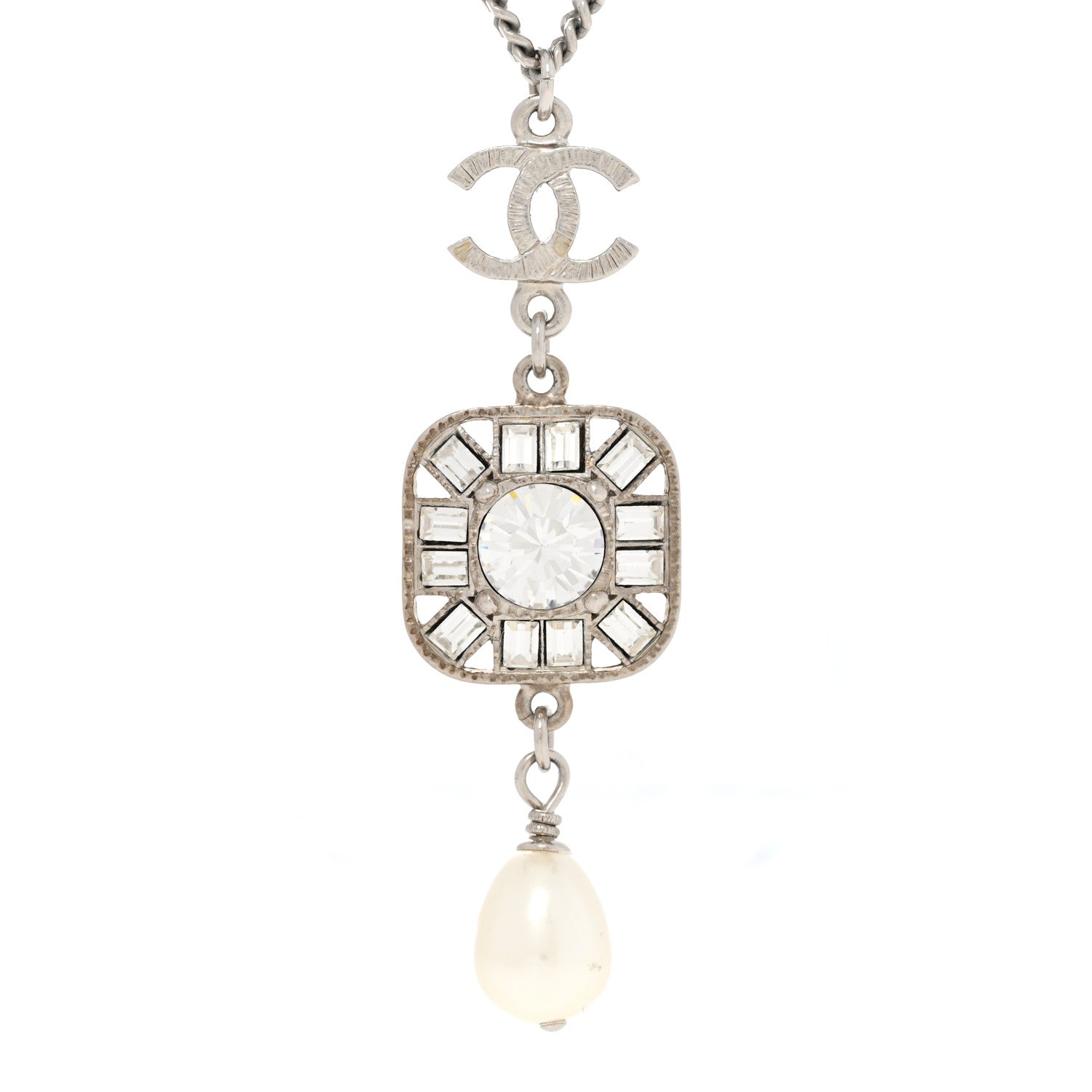 Chanel Baguette Crystal Pearl CC Pendant Necklace Silver 4 of 8