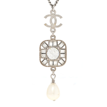 Chanel Baguette Crystal Pearl CC Pendant Necklace Silver 4 of 8