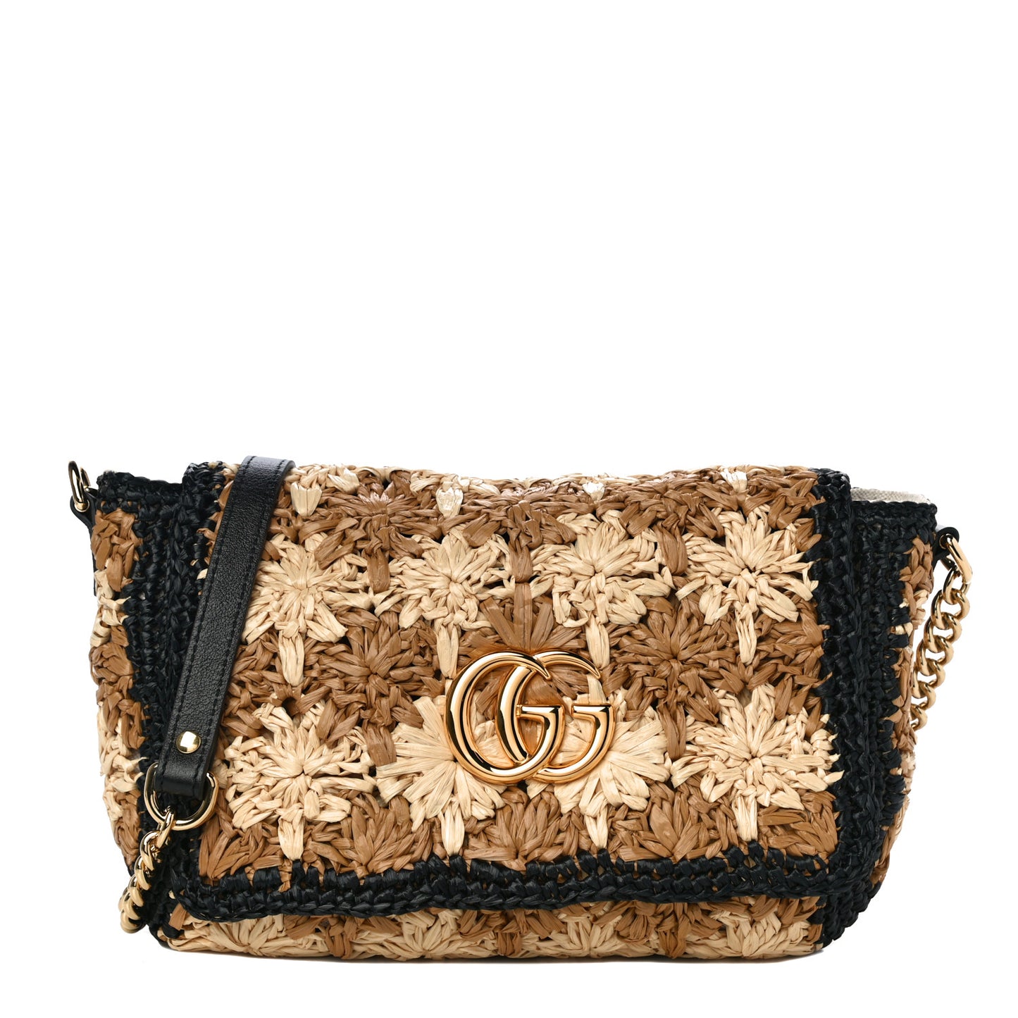 Raffia Azalea Calfskin Crochet Flower Small GG Marmont Shoulder Bag Natural Ecru Black